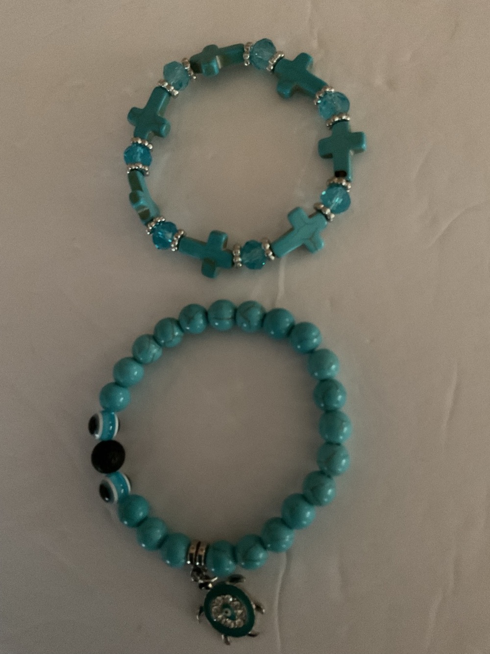 Turquoise Cross & Bead Bracelet Set - Stretch Elastic Stack